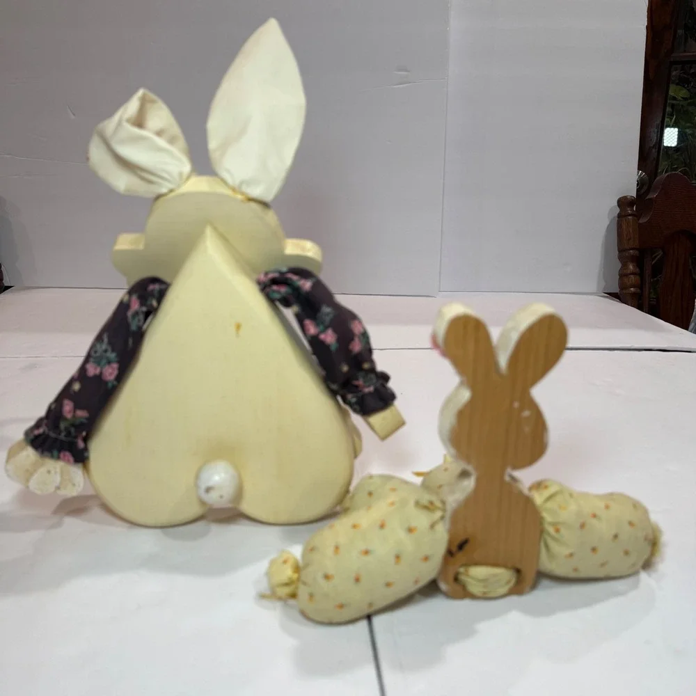 Vintage Wooden Easter Bunny Set Handmade Painted Grandmacore Cottagecore Spring